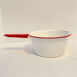 White & Red Enamelware Vintage Saucepan Pot With Handle